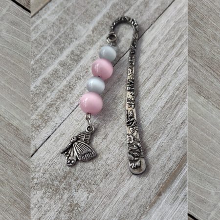 Butterfly Pink and White Metal Bookmark (Silver)