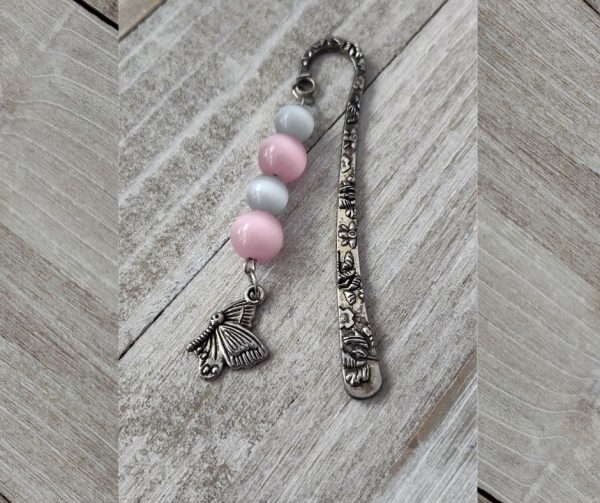 Butterfly Pink and White Metal Bookmark (Silver)